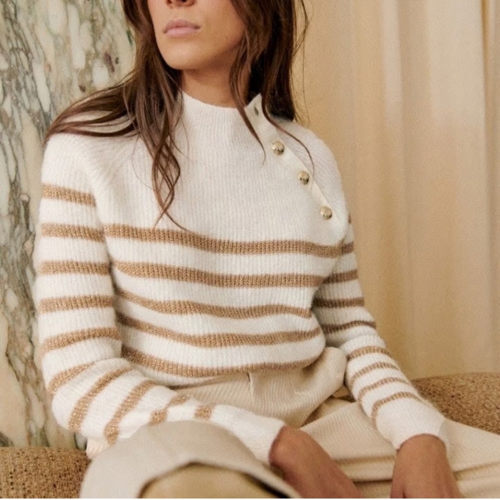 Sezane Cream and Tan Striped Sweater
